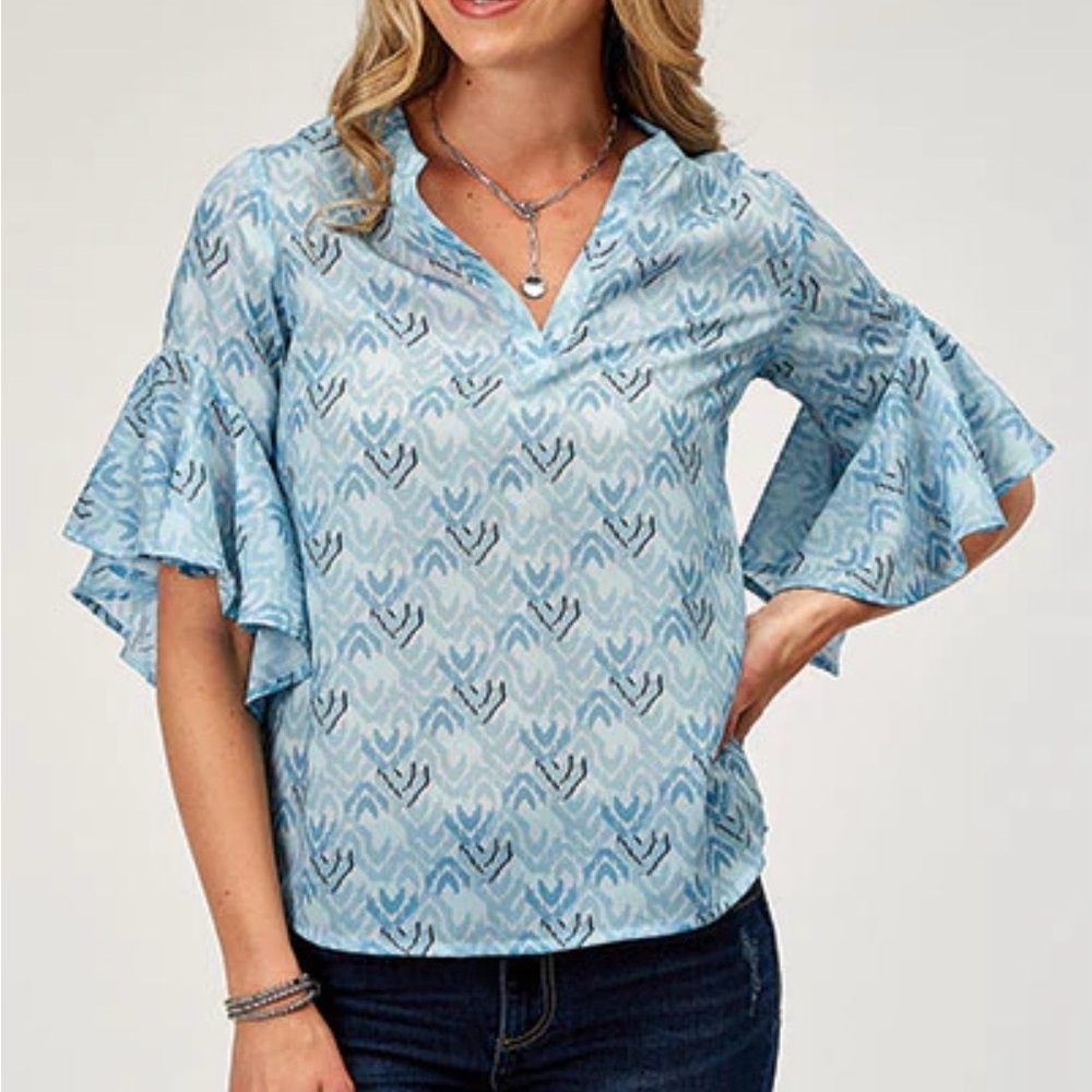 Roper Western Boho Blue Ikat Chevron Ruffle Sleeve Blouse-XL-Coastal Cowgirl
